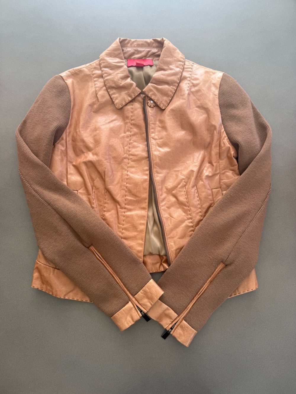 LAVIA18 Brown Leather Knit Sleeve Jacket Made in Italy EU 38